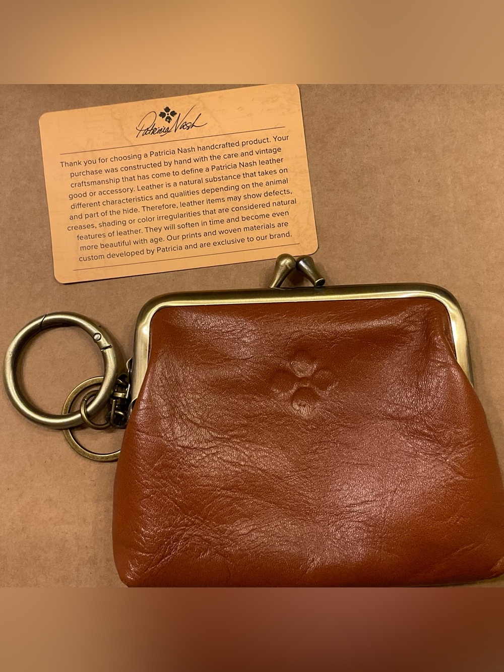 Patricia Nash Tan Leather Kiss-Lock Leather Coin Purse with Keyring.